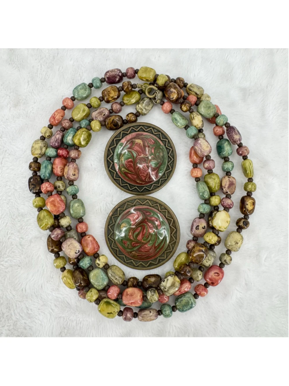 Beaded Necklace and Earrings Set Double Wrap Jewel Tones Autumn Vintage Colorful